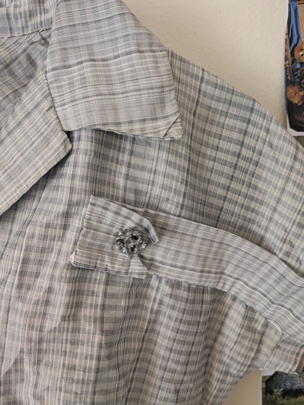 Light Gray Plaid Button Front Peplum Silk Skirt Suit 1950s Vintage - Picture 2 of 4